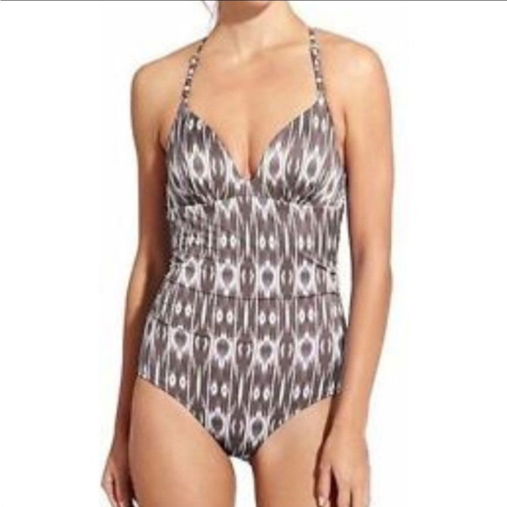 Athleta Ikat Foxtail Taupe Print Strappy One Piece Swimsuit - Size Medium